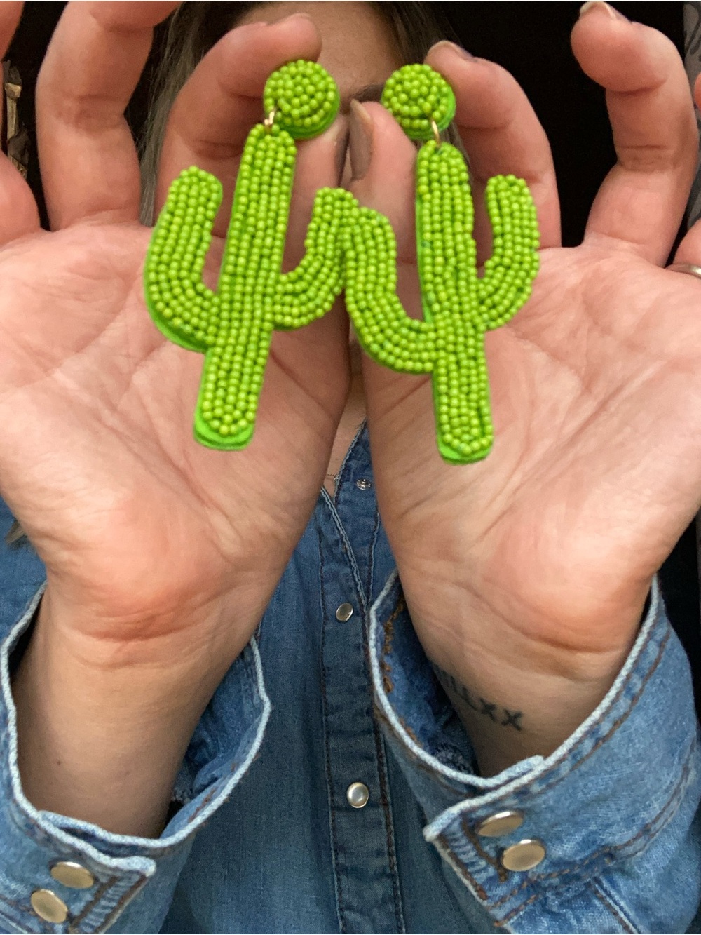 Lime Green Felt Cactus Beaded Earrings - Picture 2 of 3